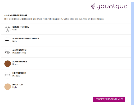 Screenshot Younique App Analyseergebnis